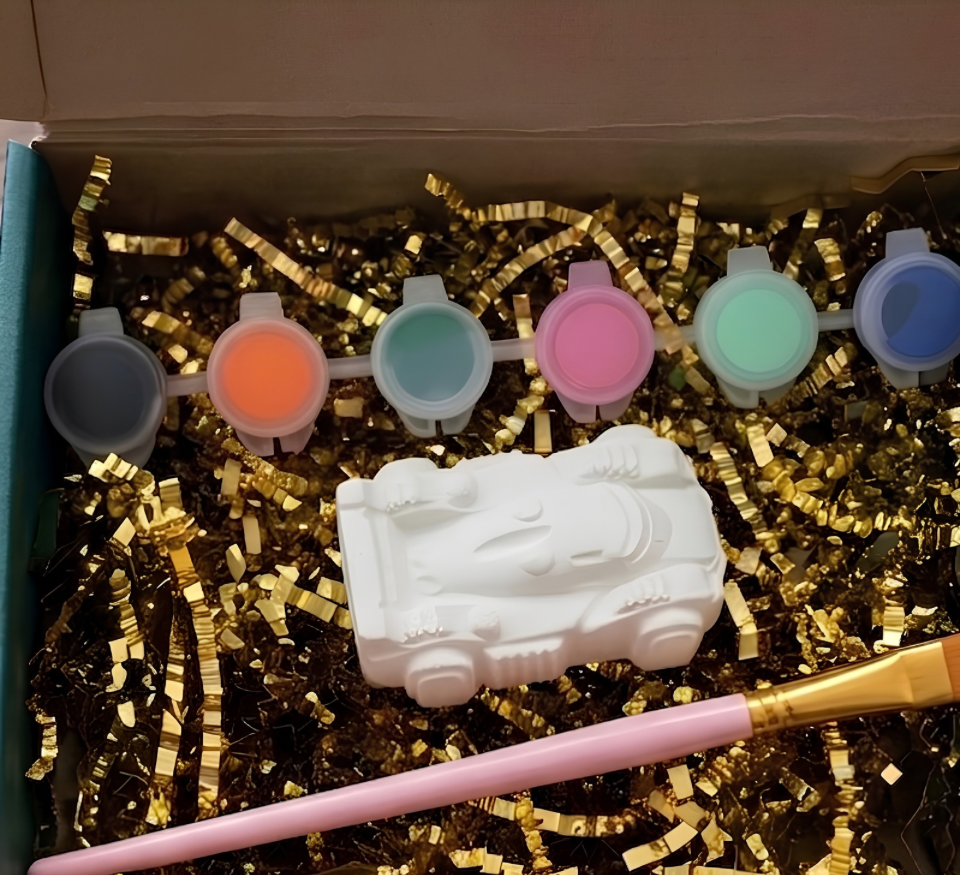 Paintable ceramic car figurine kit with paintbrush and assorted paint colors