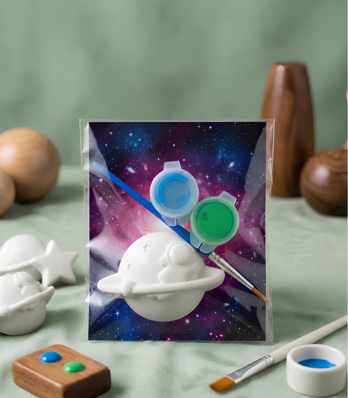Paintable ceramic spaceman figurine kit with paintbrush and assorted paint colors