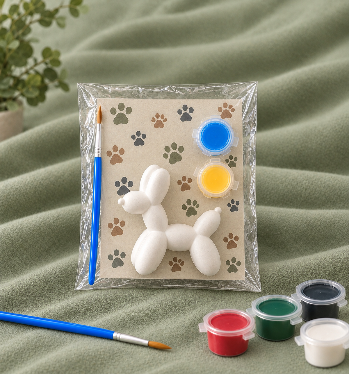 Paintable ceramic balloon dog figurine kit with paintbrush and assorted paint colors