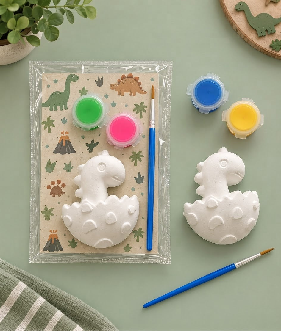 Paintable ceramic dinosaur egg figurine kit with paintbrush and assorted paint colors