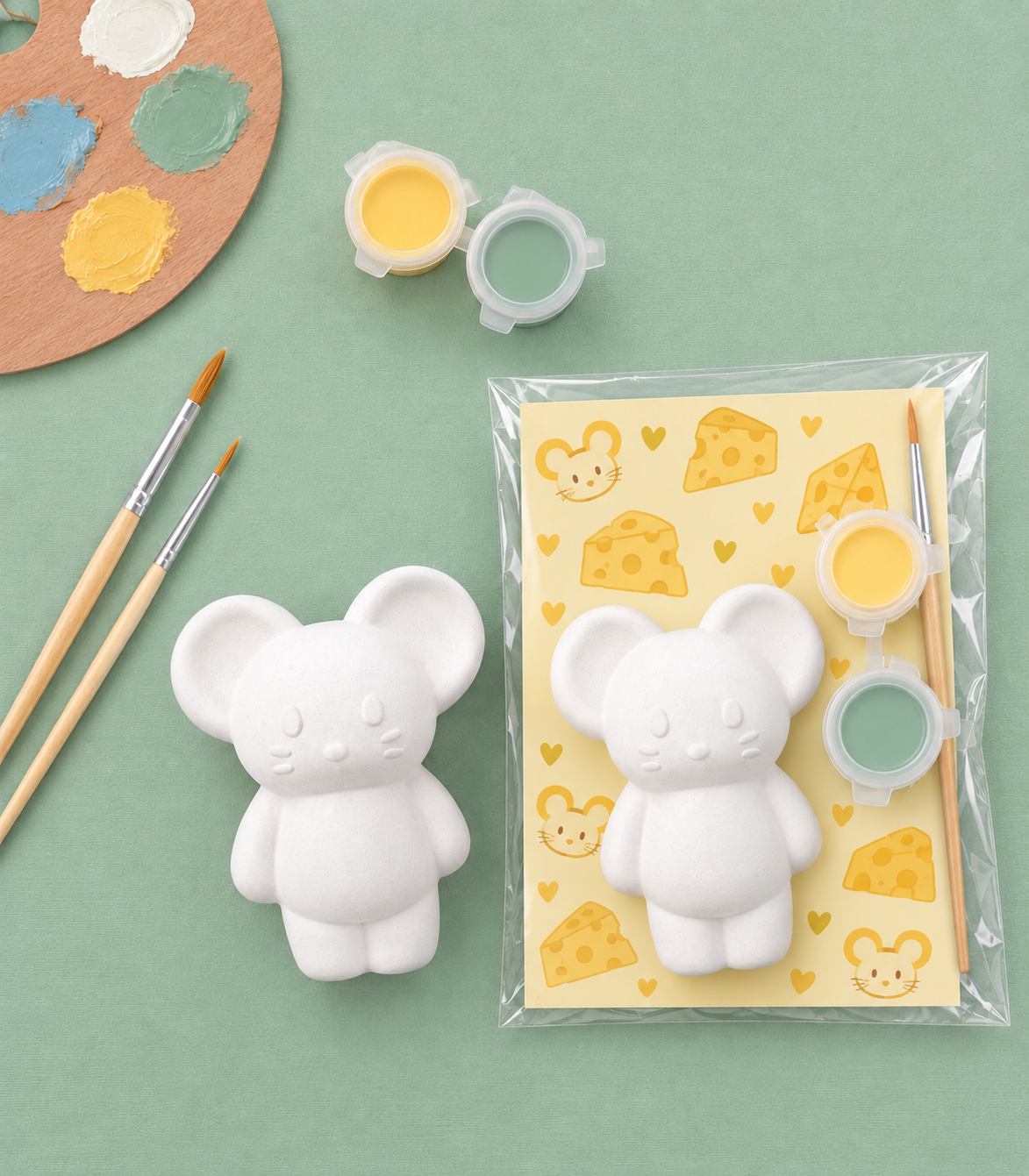 Paintable ceramic mouse figurine kit with paintbrush and assorted paint colors