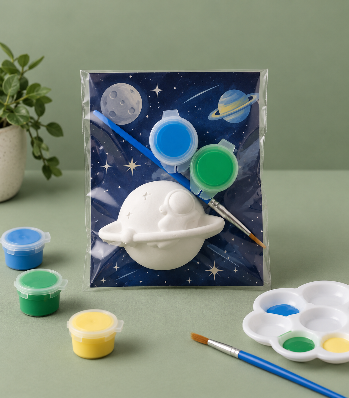 Paintable ceramic planet figurine kit with paintbrush and assorted paint colors