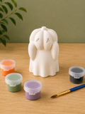 Paintable ceramic ghost figurine kit with paintbrush and assorted paint colors