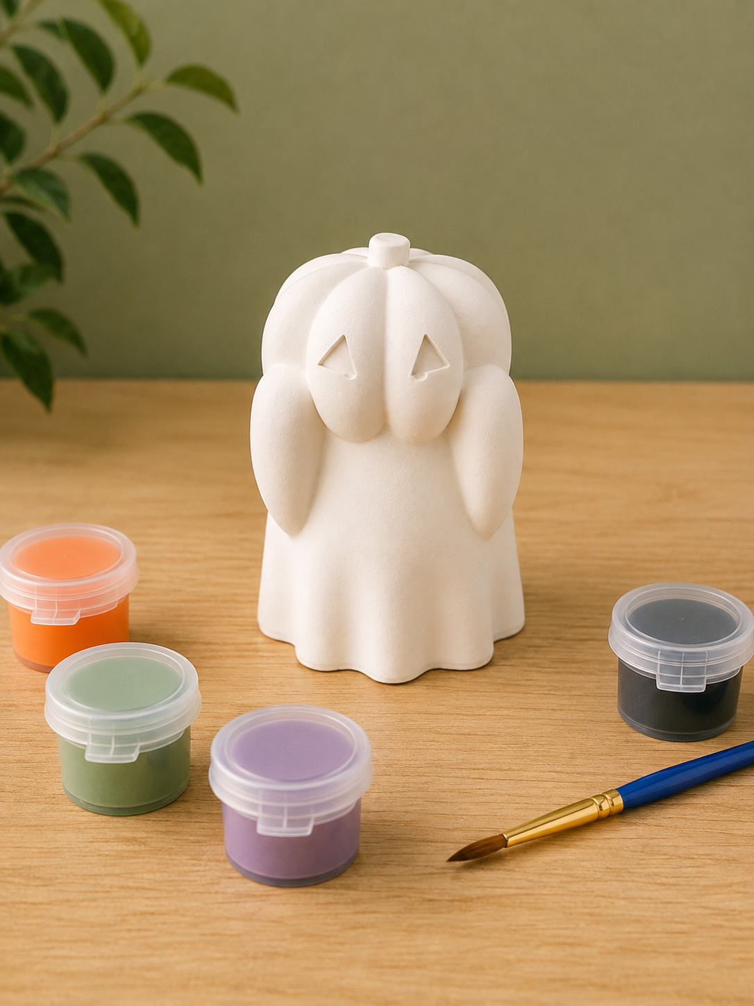 Paintable ceramic ghost figurine kit with paintbrush and assorted paint colors
