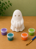 Paintable ceramic ghost figurine kit with paintbrush and assorted paint colors