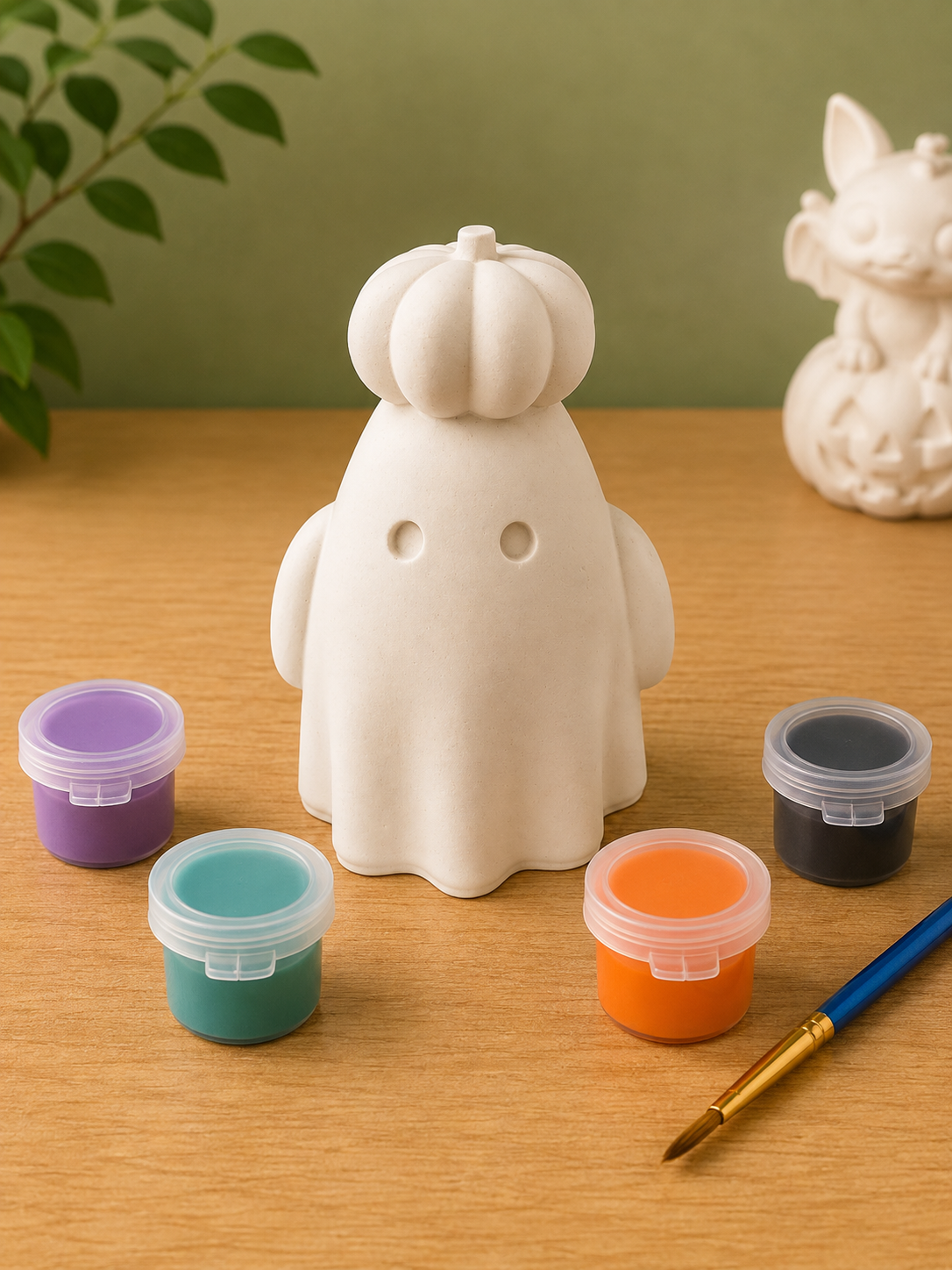 Paintable ceramic ghost figurine kit with paintbrush and assorted paint colors