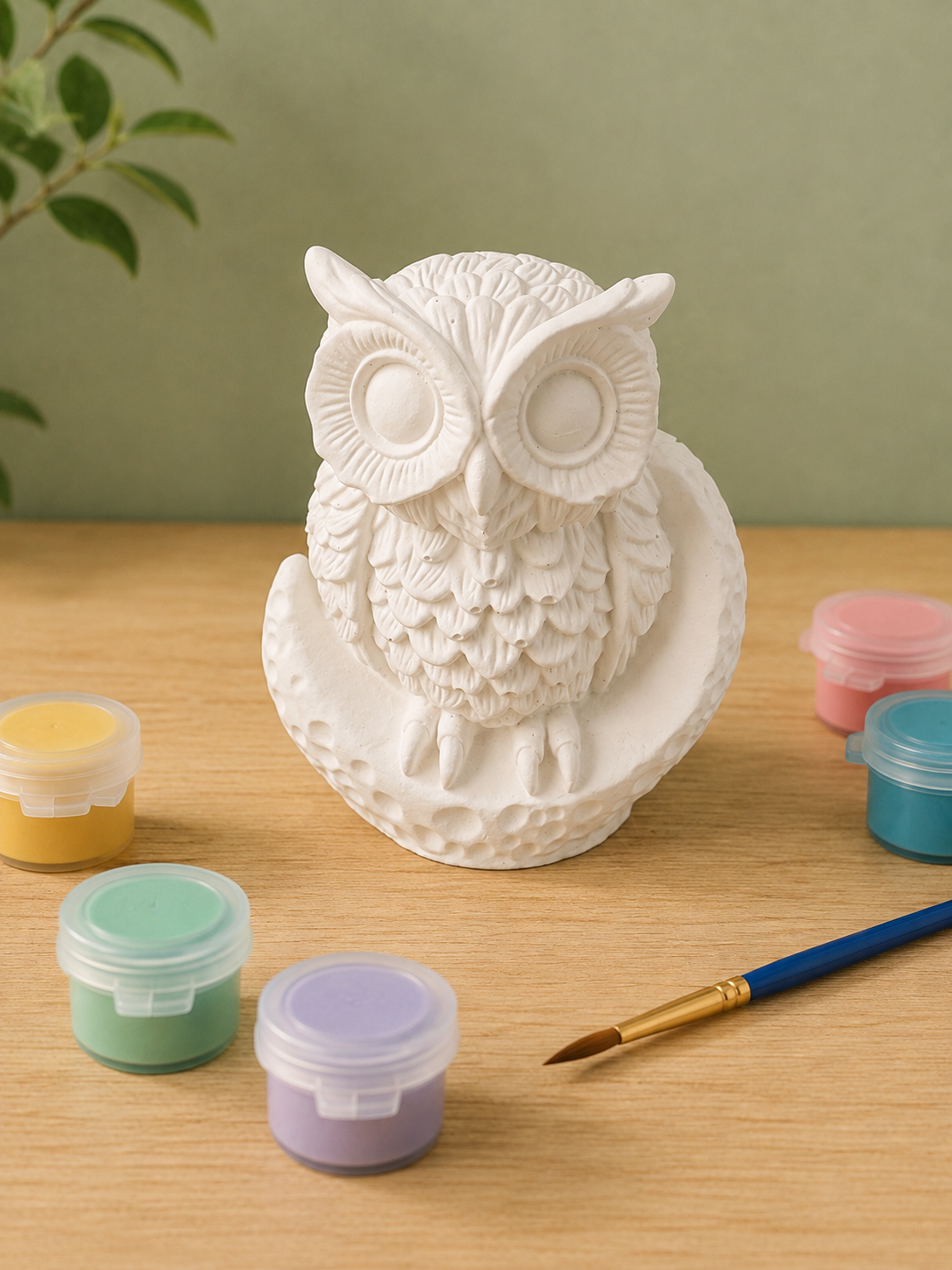 Paintable ceramic owl figurine kit with paintbrush and assorted paint colors